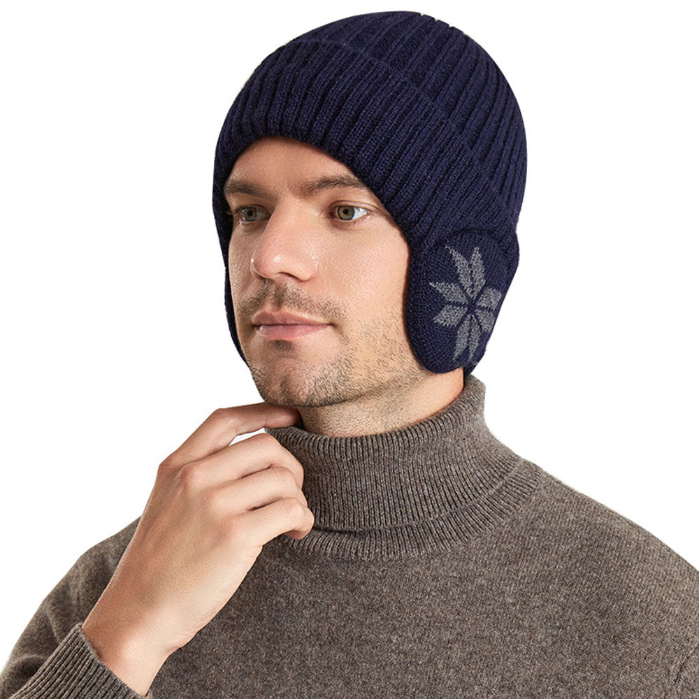 Unisex Winter Knit Earflap Beanie Hat Warm Ear Flap Hat with Knit Brimmed Ski Cap Blue