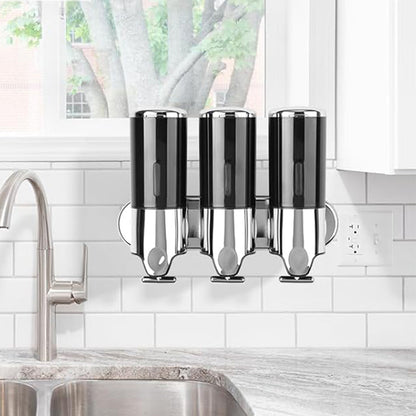 3-Chamber Shower Soap Dispenser Wall-Mounted Shampoo and Conditioner Dispenser with Visible Window Black