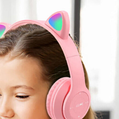 Bluetooth 5.0 Wireless Cat Shape Headphones with RGB Light Foldable Headset Pink