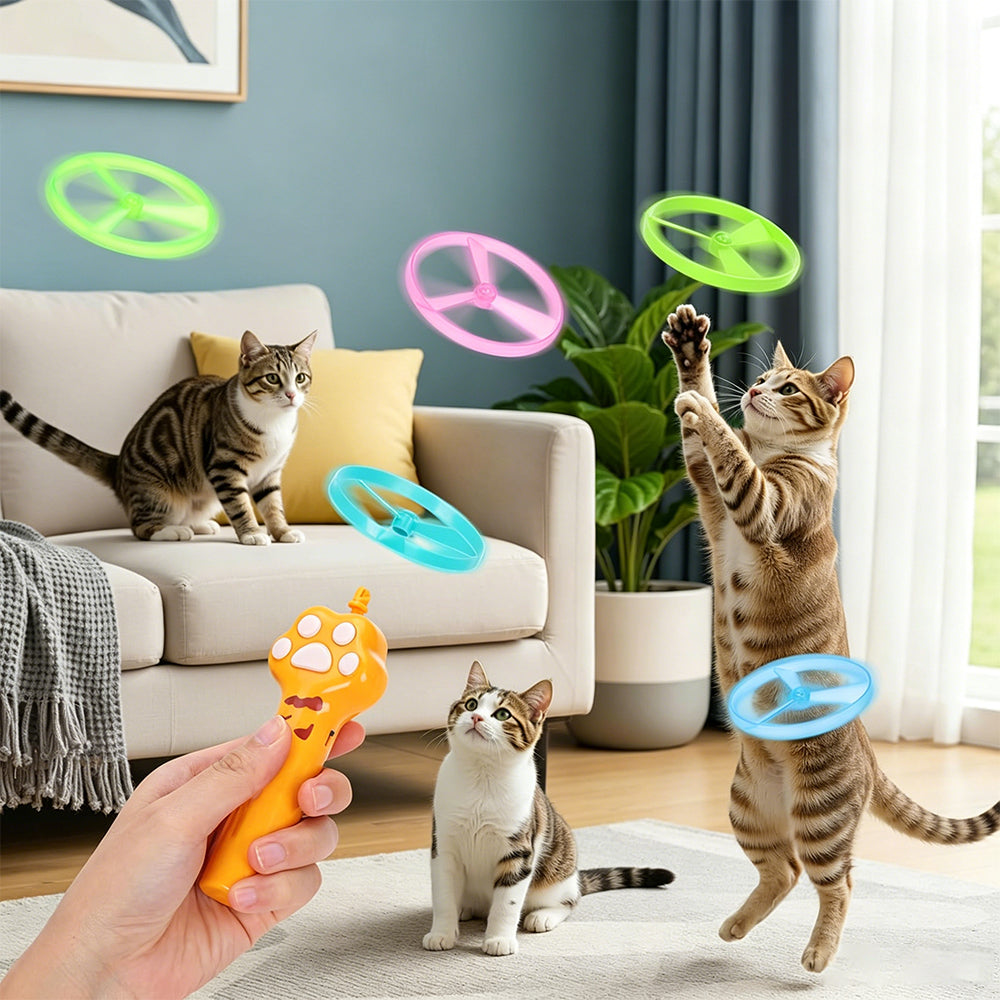 Cat Toy Disc Launcher Cat Fetch Toy UFO Flyer Cat Disc Launcher with Lights-Yellow