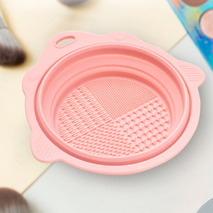 2Pcs Foldable Makeup Brush Cleaner Bowl Portable Silicone Cleaning Tool for Cosmetic Brushes Powder Puffs Sponges Pink