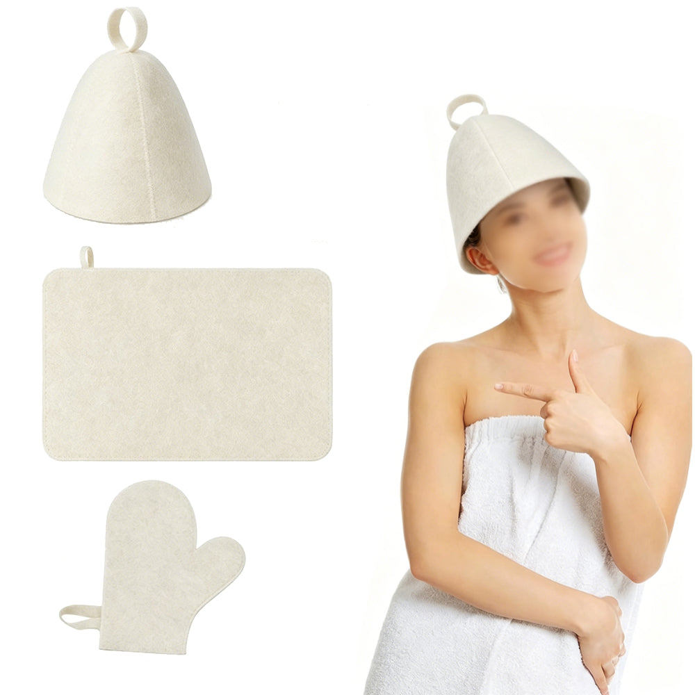 3Pcs Sauna Felt Kit with Hat and Gloves-White