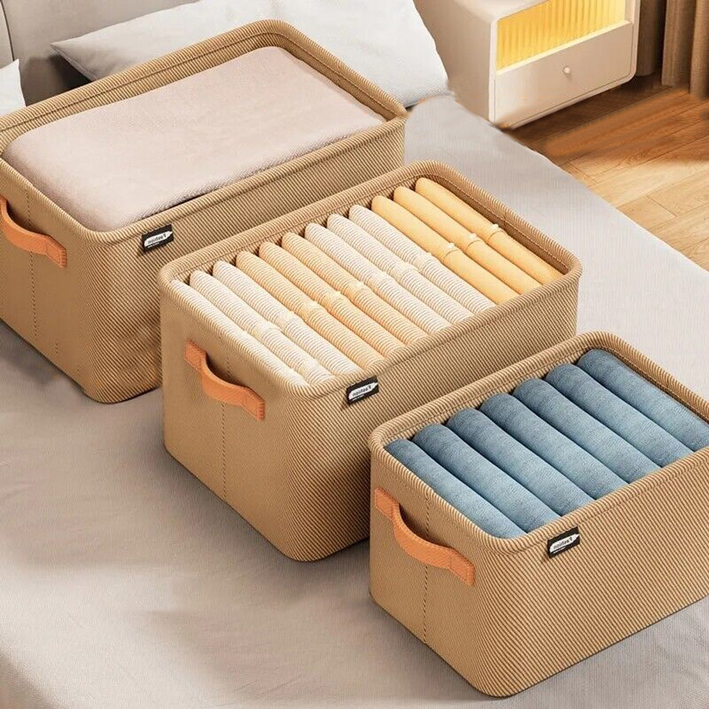 Set of 2Pcs Clothing Storage Box with Handles Wardrobe Storage Organizer Underwear Storage Khaki