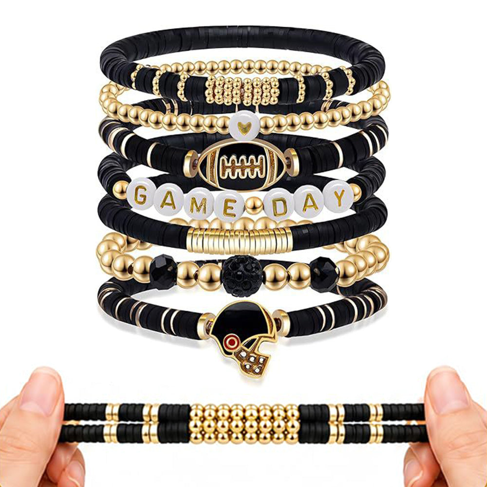 7 Piece Elastic Clay Bead Football Bracelet Stack Set - Black