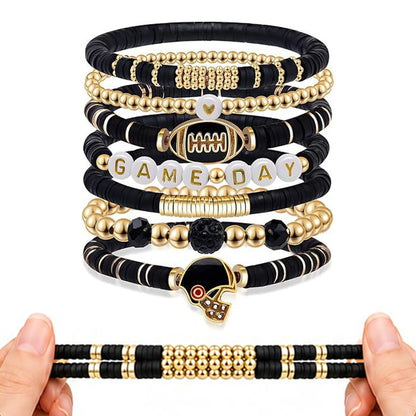 7 Piece Elastic Clay Bead Football Bracelet Stack Set - Black