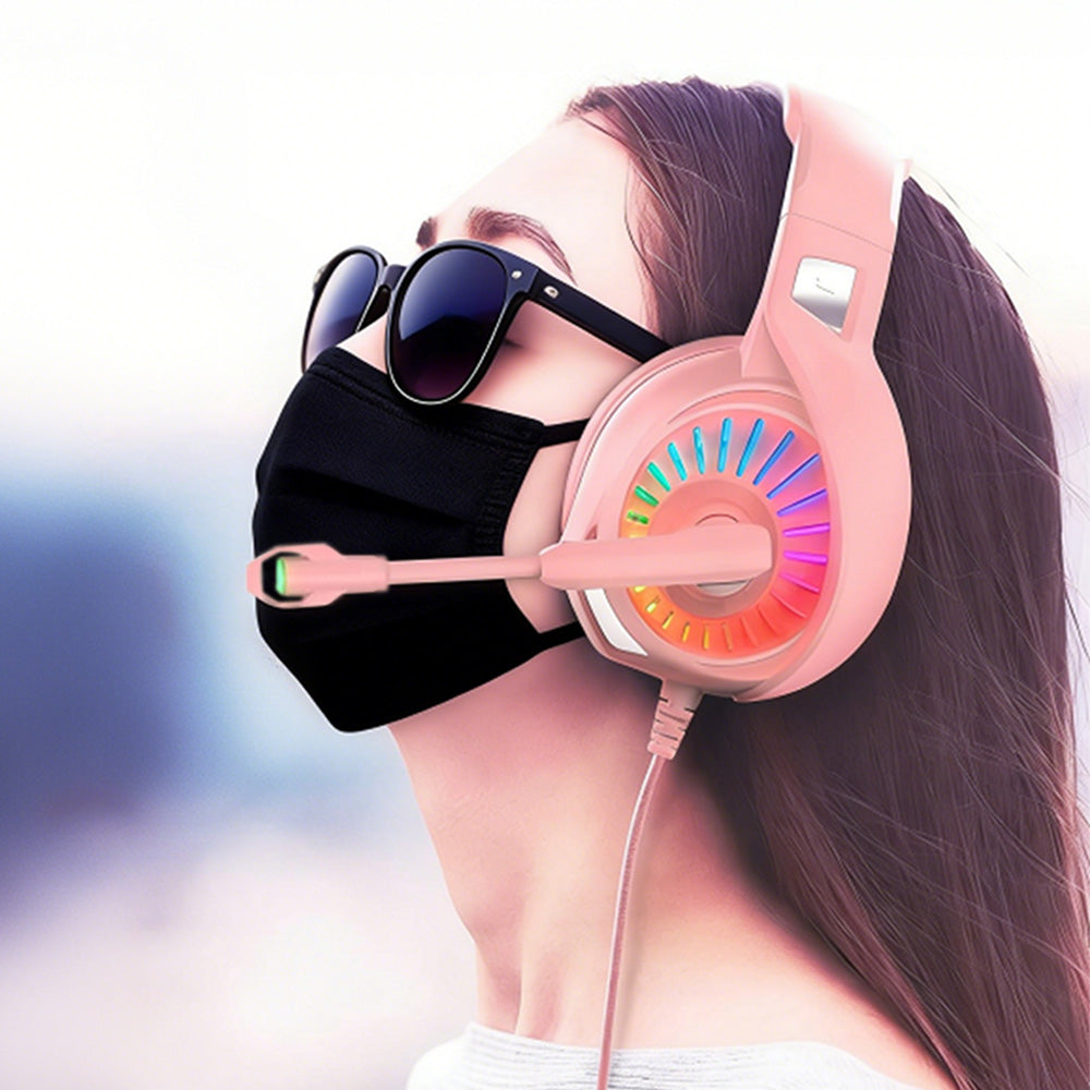 Wired Over-Ear Gaming Headset with LED RGB Lights and Mic -Pink