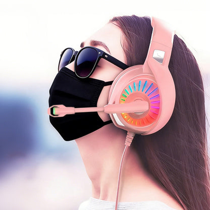 Wired Over-Ear Gaming Headset with LED RGB Lights and Mic -Pink