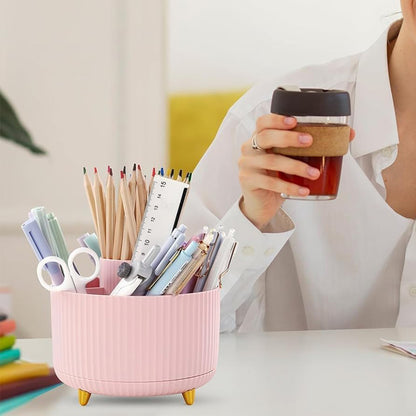360 Degree Rotating Desk Organizer with 4 Slots For Pencil and Pen Holder-Pink