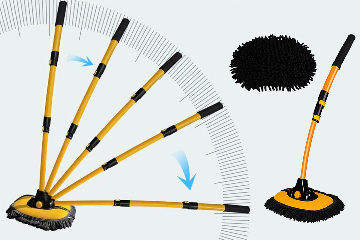 102cm Telescopic Adjustable Car Wash Mop Brush Kit with 15 Degree Curved Long Handle for Vehicle Cleaning -Yellow