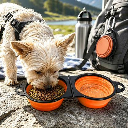 Portable Foldable Dual Pet Bowls for Cats Dogs Outdoor Home Use - Orange