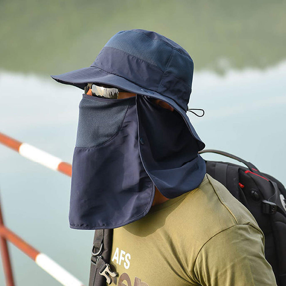 Sun Protection Fishing Cap Wide Brim Hat With Neck Flap And Face Cover-Navy