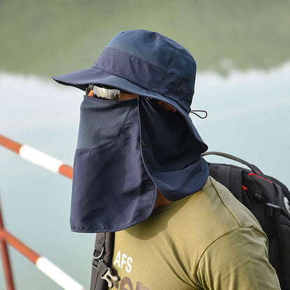 Sun Protection Fishing Cap Wide Brim Hat With Neck Flap And Face Cover-Navy