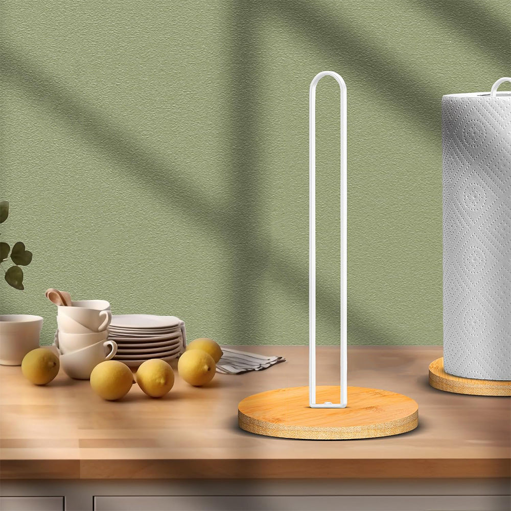 Freestanding Paper Towel Holder with Non-Slip Wood Base for Countertop White