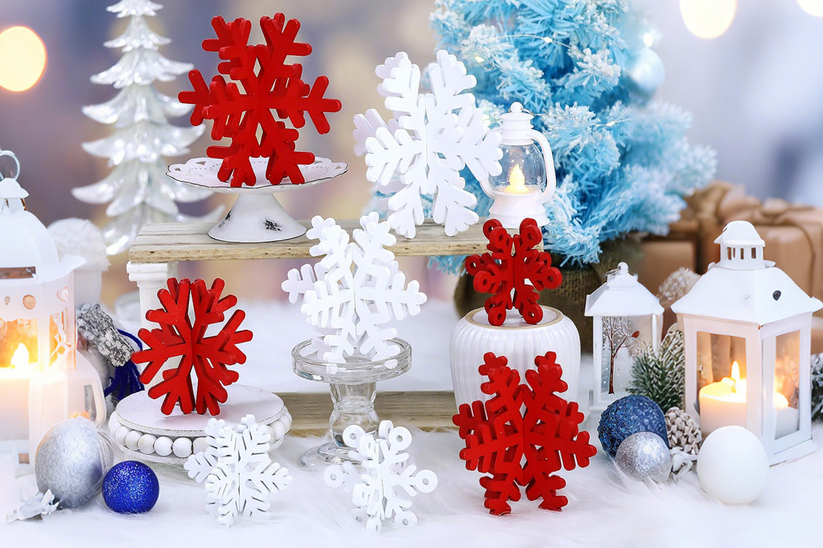 8Pcs 3D Wooden Snowflake Table Decor Christmas Wonderland Centerpiece-Red White