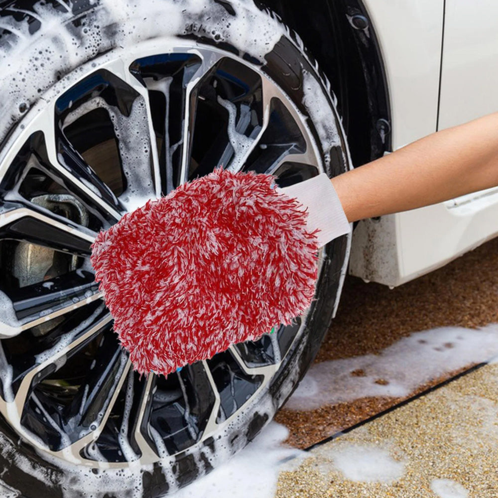 2PC Microfibre Wash Mitt Car Detailing High Density Long Pile Scratch Free Mitt with Elastic Cuff-Red