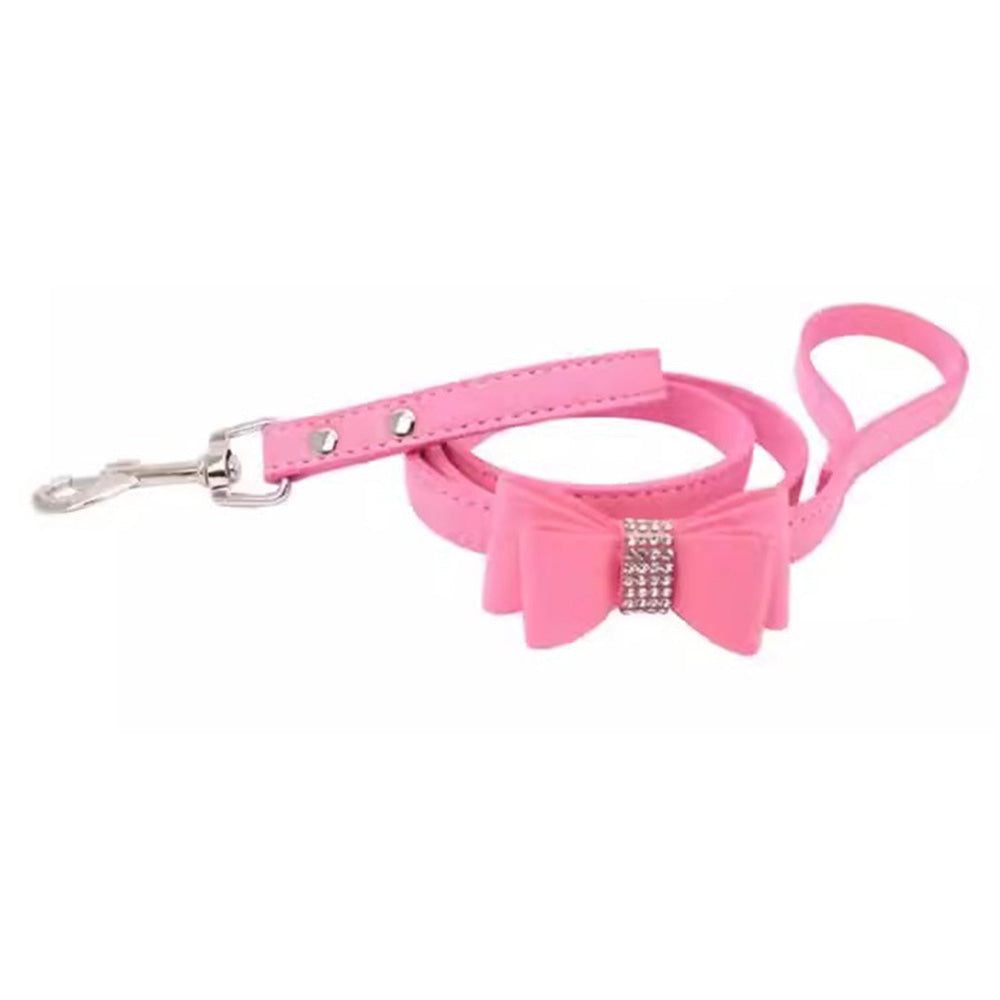 Dazzling Rhinestone Dog Collar and Leash Set with Bow Knot for Small Dogs and Puppies Pink
