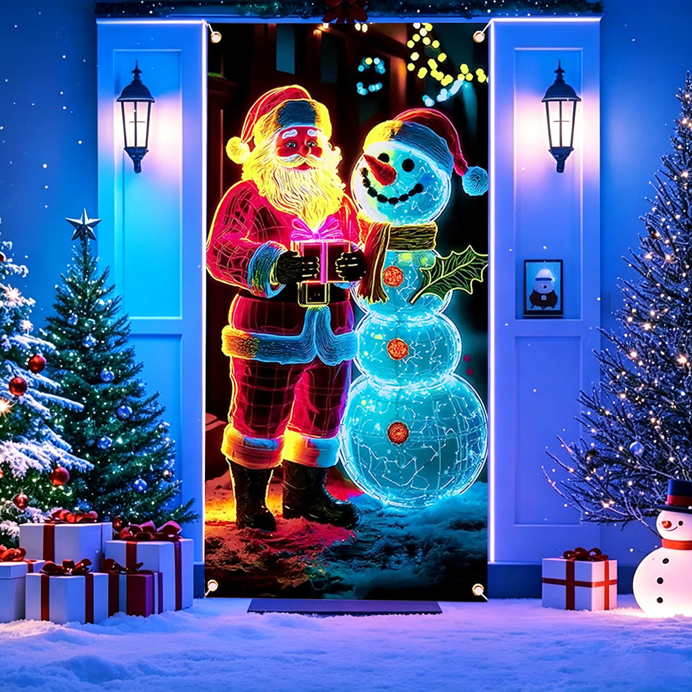 90x180cm 2D UV Reactive Christmas Glow Door Curtain - Santa Claus and Snowman