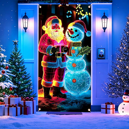 90x180cm 2D UV Reactive Christmas Glow Door Curtain - Santa Claus and Snowman