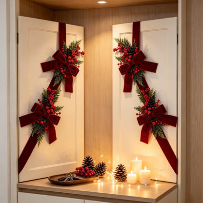 3 Piece Christmas Velvet Bow Ribbon Teardrop Swags for Door and Mantel - Wine Red