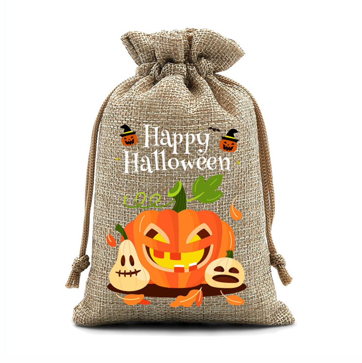 12 Pack Halloween Burlap Drawstring Gift Bags with Pumpkin Ghost Designs - Beige