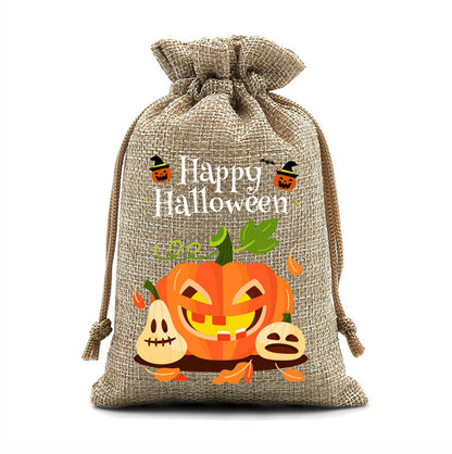 12 Pack Halloween Burlap Drawstring Gift Bags with Pumpkin Ghost Designs - Beige