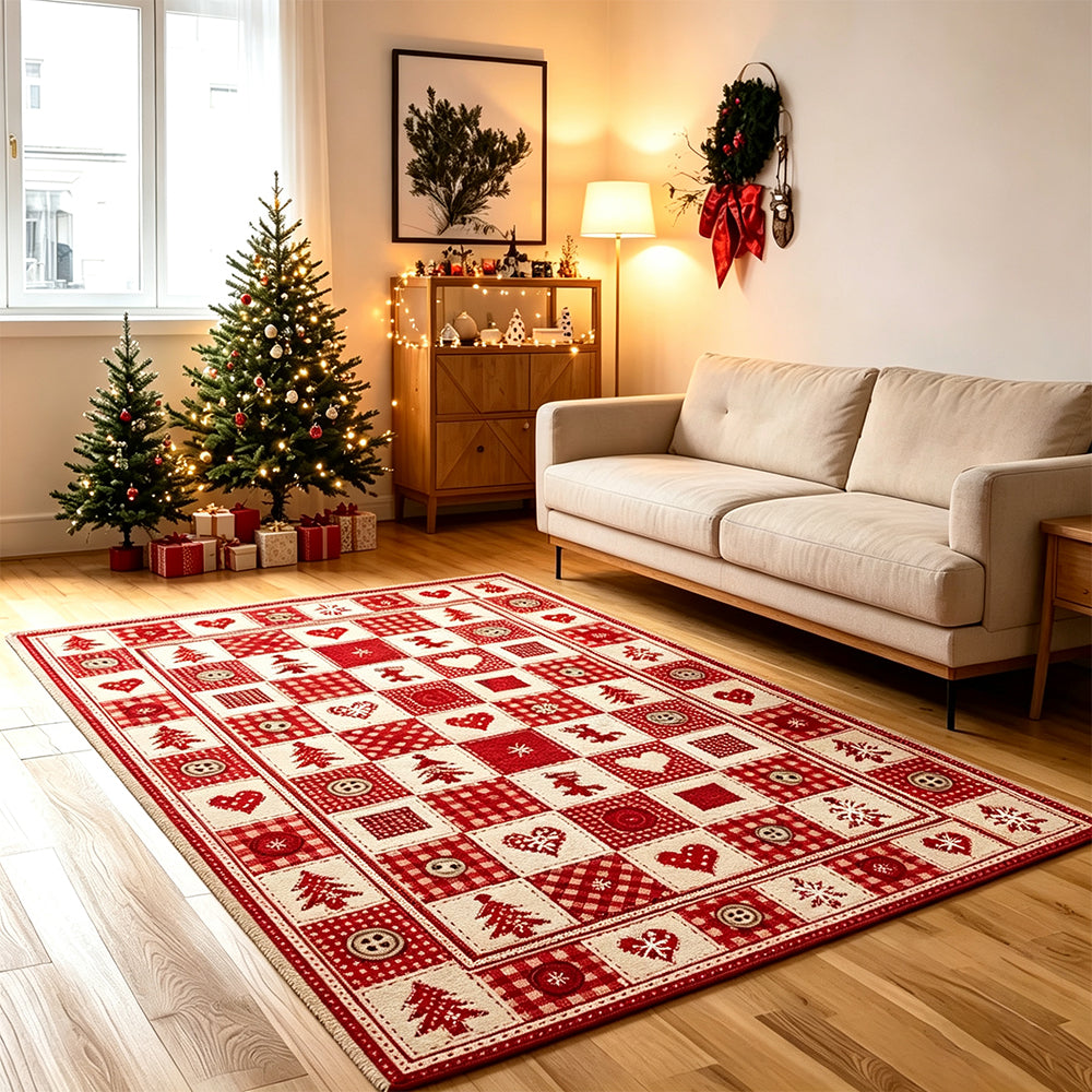 Christmas Plaid Short Pile Rug with Non Slip Rubber Backing - Christmas tree