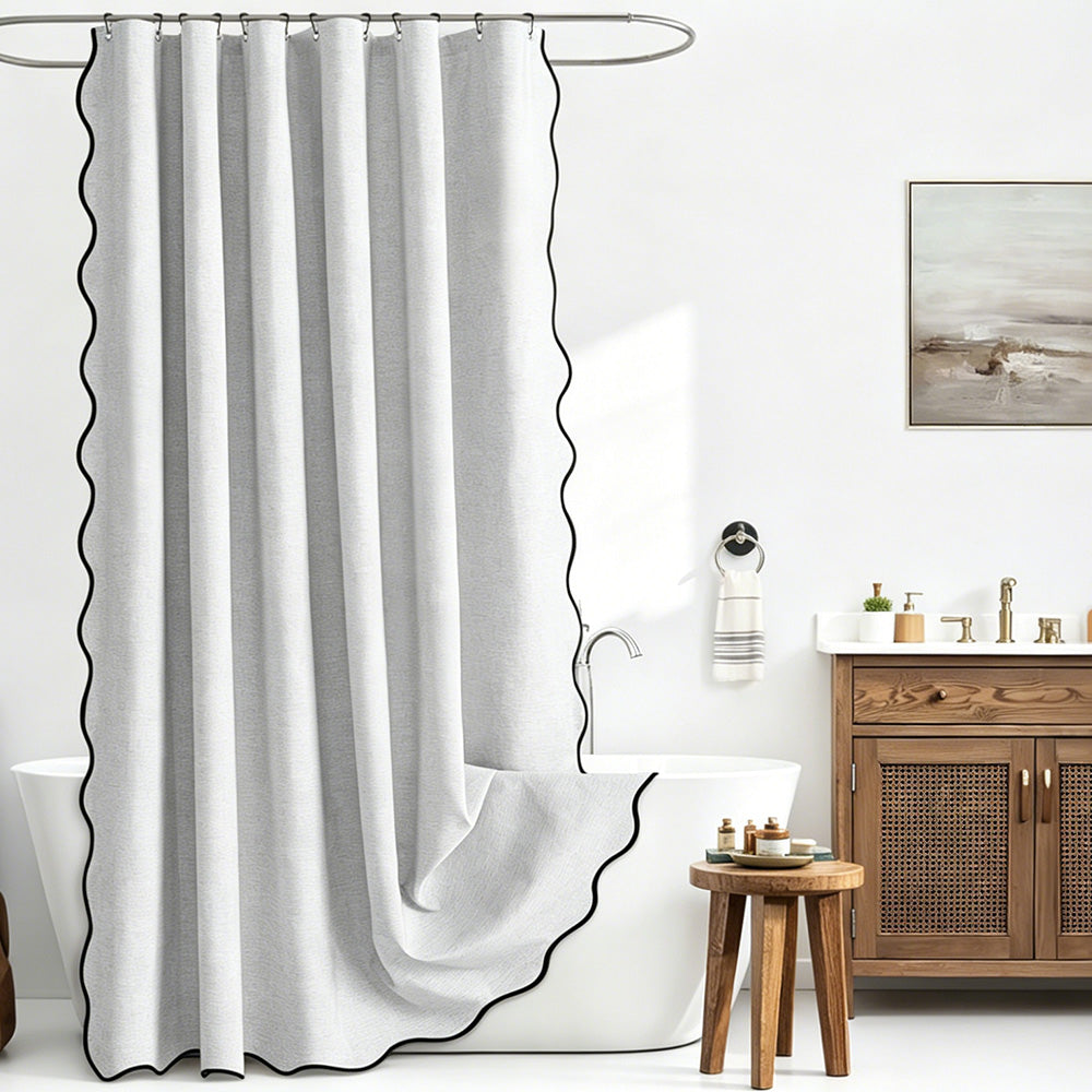 Waterproof Shower Curtain Thick Boho Wavy Edge With Rustproof Hooks-Silver