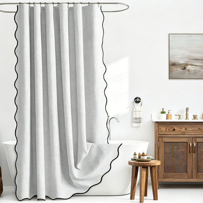 Waterproof Shower Curtain Thick Boho Wavy Edge With Rustproof Hooks-Silver