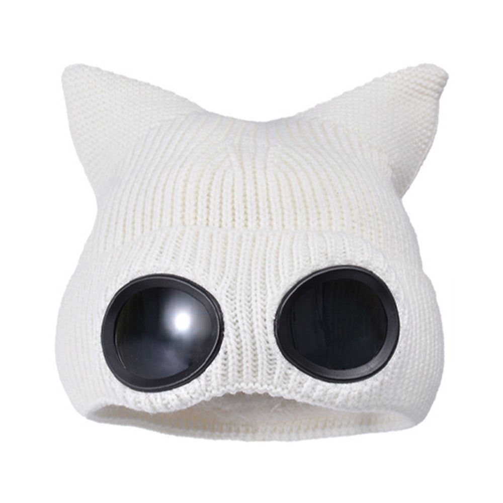 Double Layer Knit Winter Beanie with Goggles - White