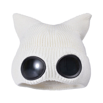 Double Layer Knit Winter Beanie with Goggles - White