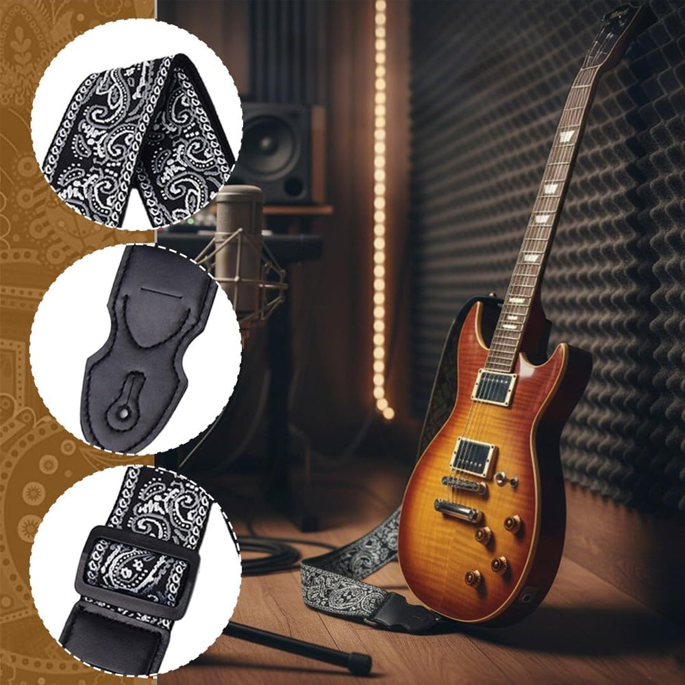 97-156cm Embroidered Acoustic Guitar Strap with 3 Picks- White