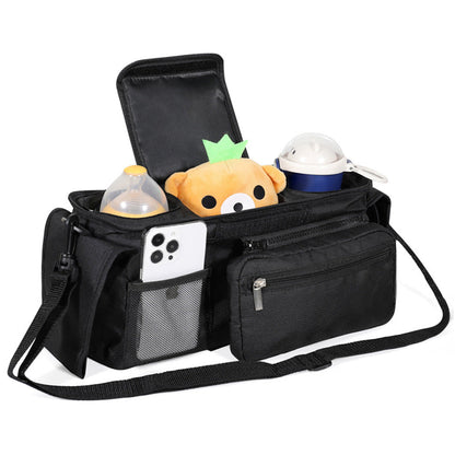 Universal Stroller Organizer with Cup Holder Travel Essential Caddy with Shoulder Strap Black