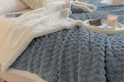 Fluffy Fleece Comforter Soft Warm Winter Jacquard Throw Blanket for Couch Bed -Blue