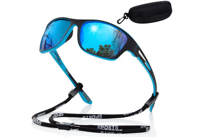 Men Sunglasses Polarized Glasses Fishing Wrap Around Eyewear with Strap and Zippered Case-Blue