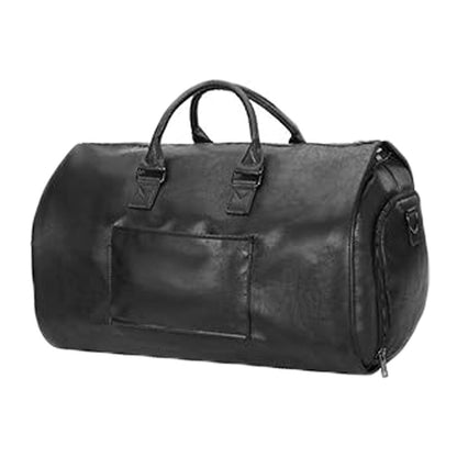 Foldable Carry on Duffel Bag PU Leather Overnight Luggage Bag With Shoes Compartment-Black
