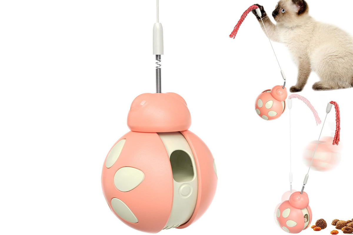 Interactive Cat Toys Tumbler Ladybug with Teaser Wand Cat Treat Dispenser Toy -Pink