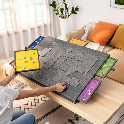 Foldable Felt Jigsaw Puzzle Board with 6 Drawers for Home Travel-Dark Grey