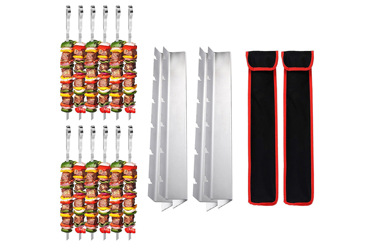 2Sets of 6Pcs Stainless Steel BBQ Skewer Rack Set with 2Pcs Holders for Meat and Vegetables