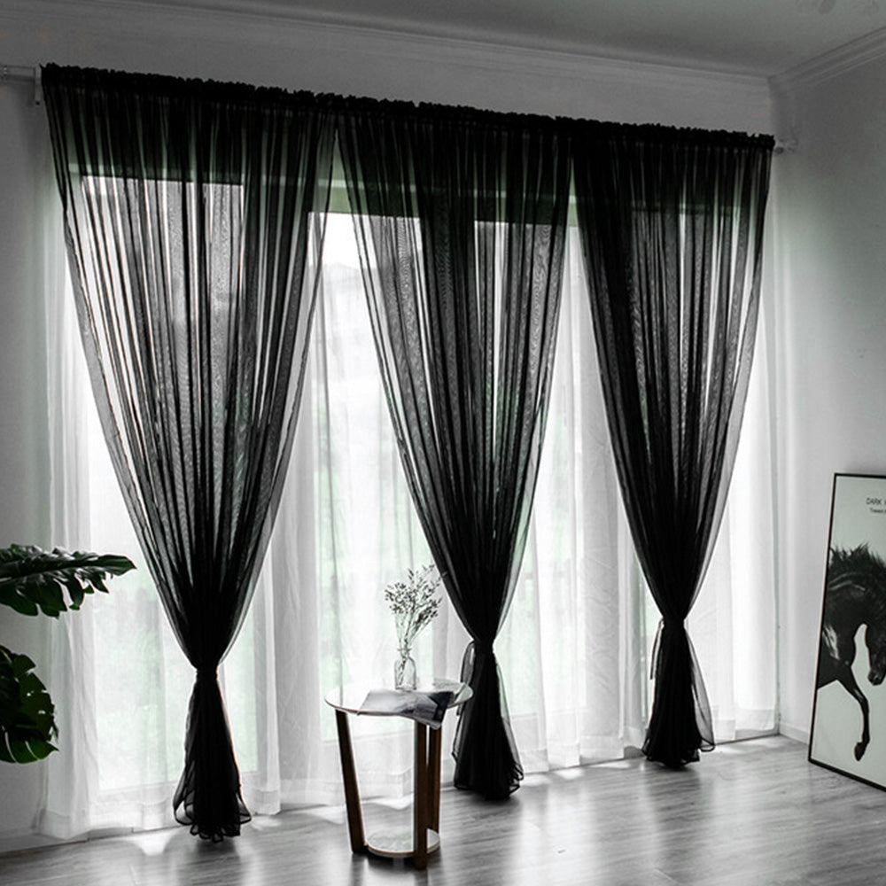 3 Piece Polyester Sheer Rod Pocket Curtains for Window Door  Divider - Black