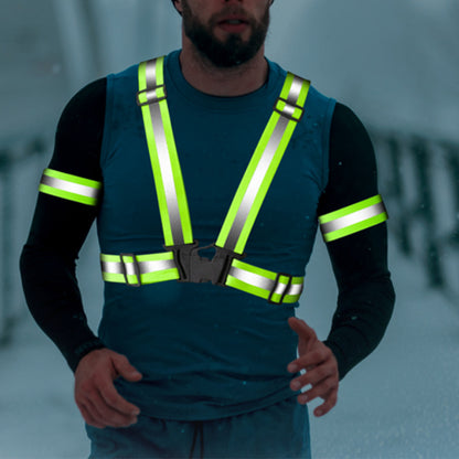 2Pcs Adjustable Reflective Vests and 4 Bands High-Visibility Elastic Gear for Night Running Cycling Green
