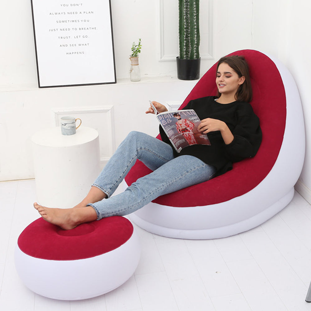 Inflatable Sofa Couch and Footrest Set Flocking Blow Up Couch Chair Set for Camping Balcony Bedroom Wine Red