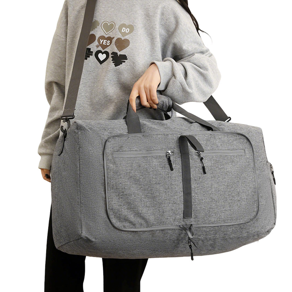 Large Foldable Travel Duffel Bag Carry-On Shoulder Bag with Shoe Compartment Grey