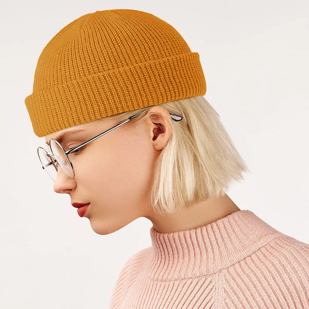 Unisex Mini Fisherman Beanie Winter Spring Hat Knitted Cap Yellow