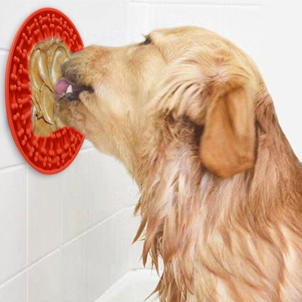 Dog Lick Pad Bath Washing Buddy Suction Grooming Pad Helper Slow Feeder Mat-Red