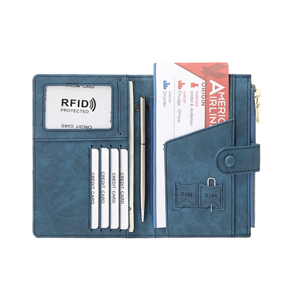 RFID Blocking Travel Wallet Passport Card Holder for Women Men Blue