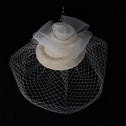 Vintage Mesh Rose Birdcage Veil Bridal Hair Headpiece - Beige