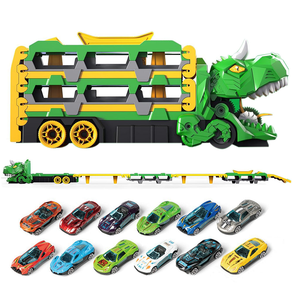 Dinosaur Transport Truck Toy Set with 12PCS Cars for Boys â€?Car & Truck Set Green