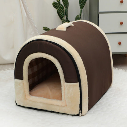 Pet Dog House Kennel Soft Bed Cave Cat Puppy Warm Cushion Brown