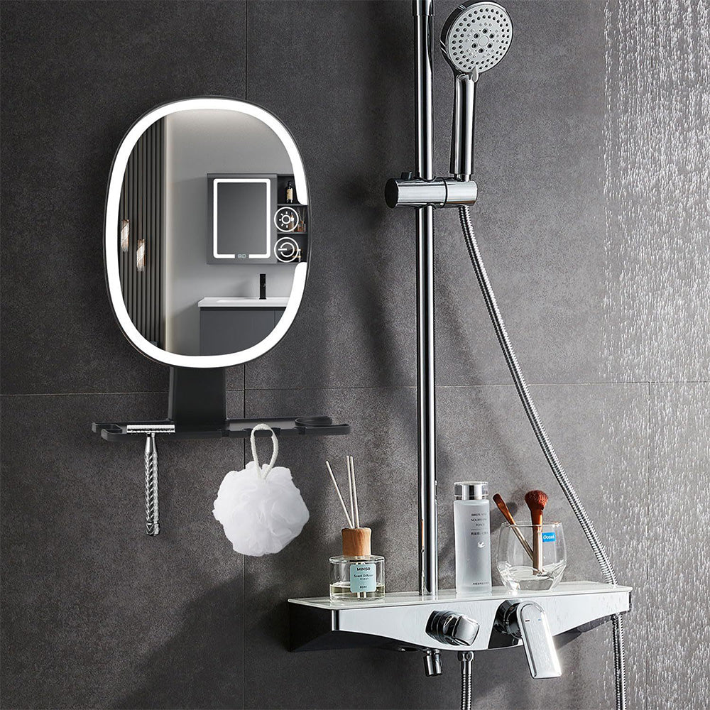 Bathroom Anti Fog Mirror with Lights Built In Shelf No Drilling Installation for Shower Room-Round