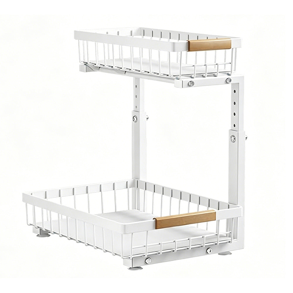 Under Sink Organizer 2 Tier Pull Out Cabinet Storage Slide Out Shelf Metal Sliding Drawer-White